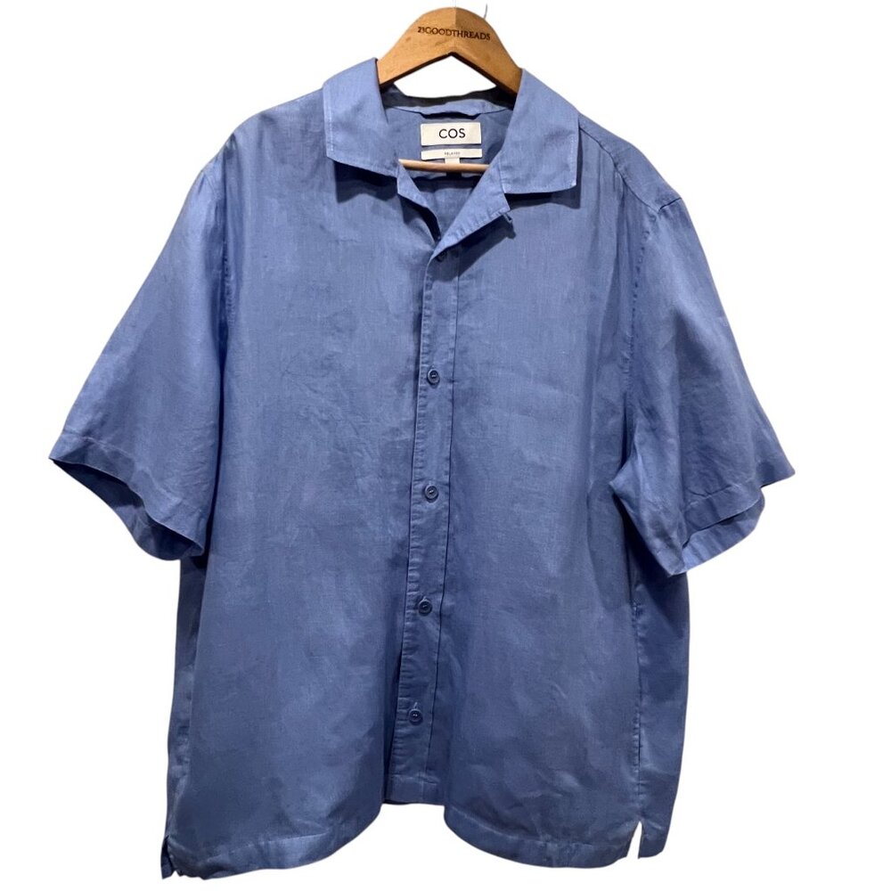 COS Hemp Short Sleeve Button Top, Pockets, XL Blue